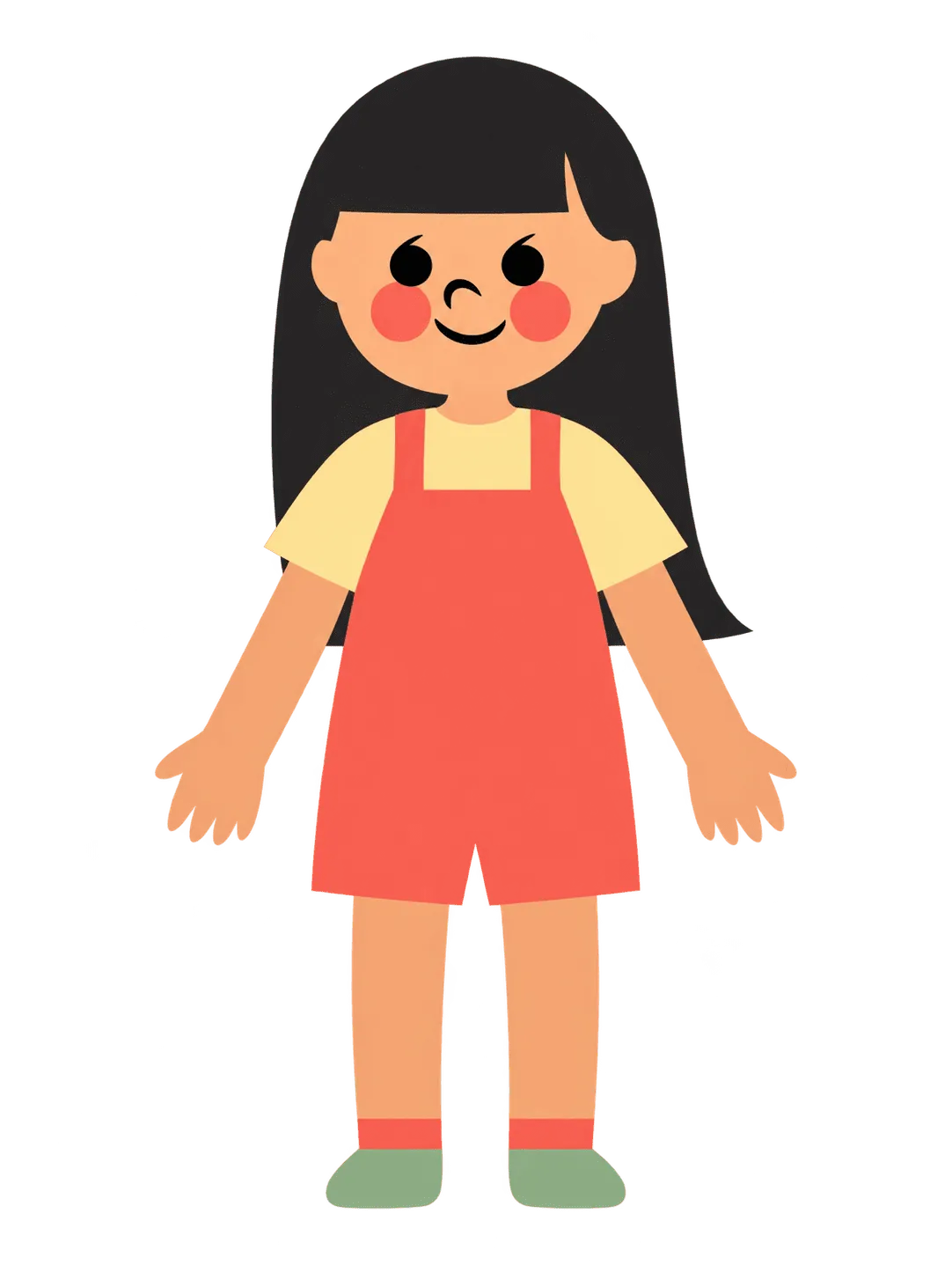 A standing avatar with long black hair and a fringe, wearing a coral overall over a pale yellow tee with green shoes
