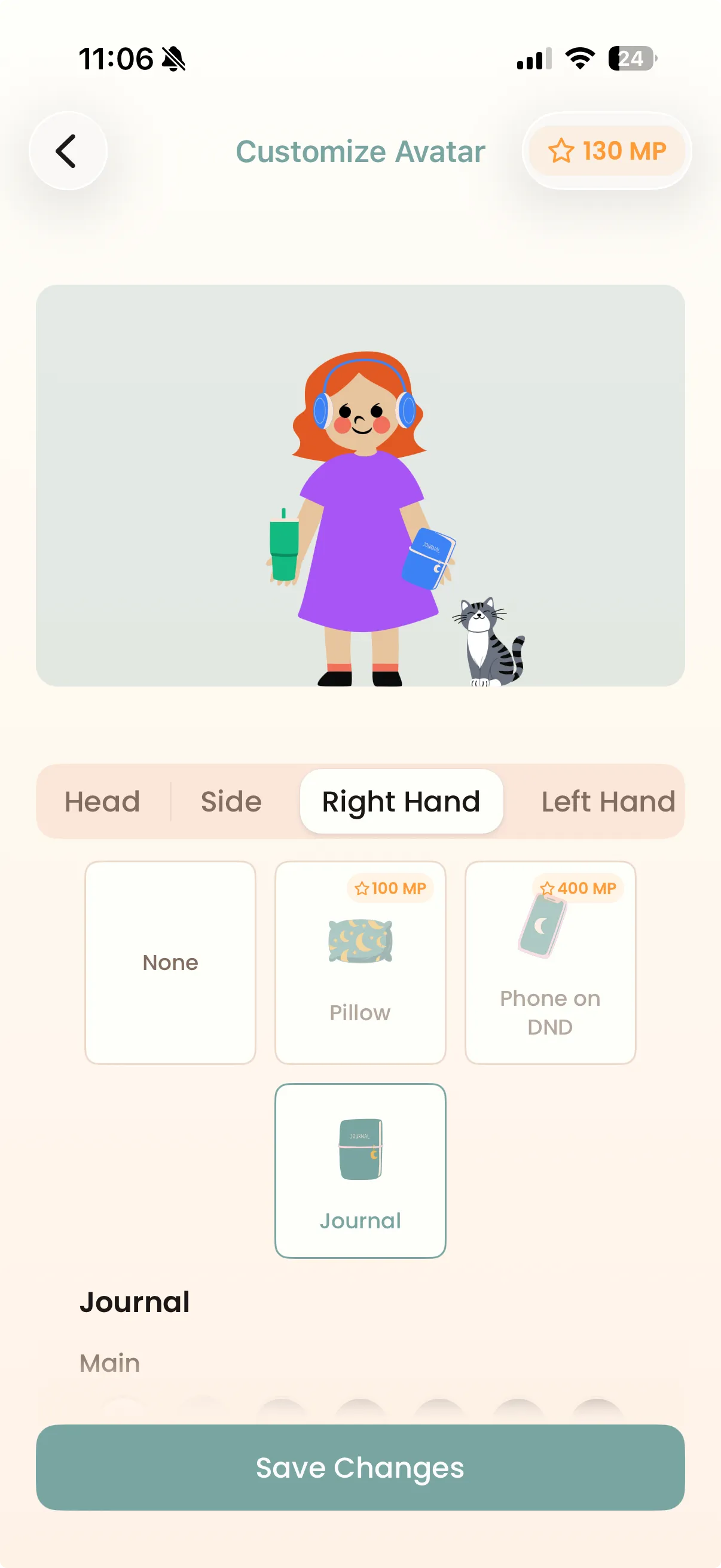 The Moon Quest avatar editor with the Right Hand tab open, a journal selected, and accessories priced in Moon Points