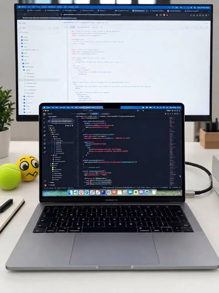 A laptop on a desk, a code editor open on a React Native screen with its file tree down the side.