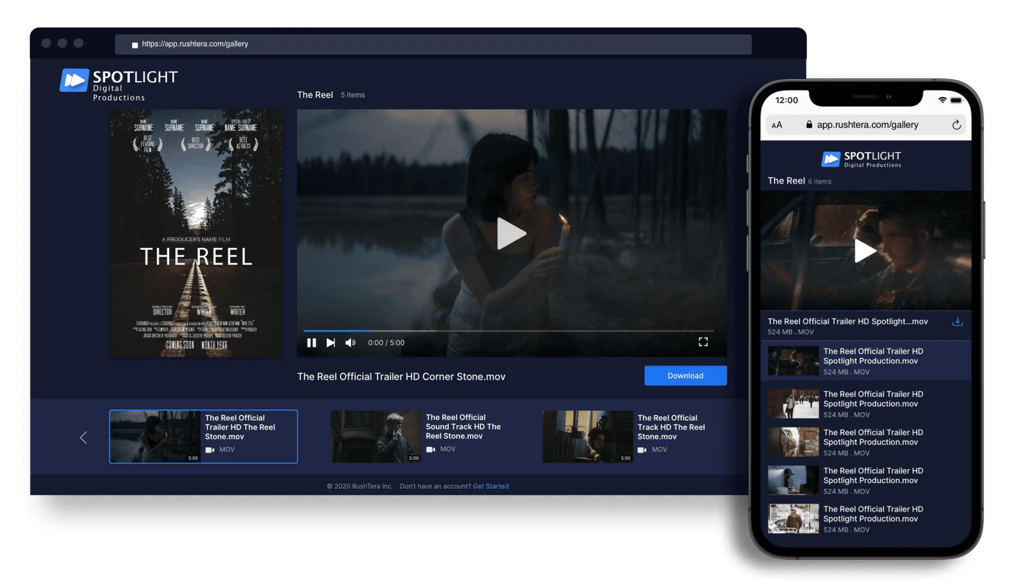 Rushtera media gallery for a production company, playing a film trailer on desktop and on a phone
