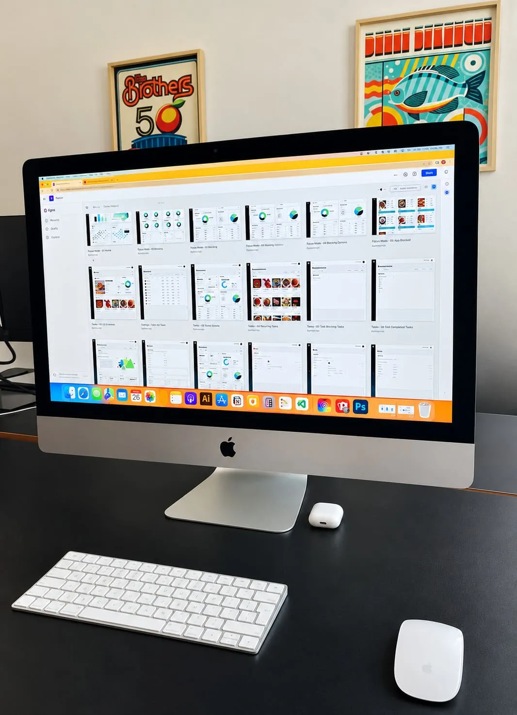 A desktop screen showing a grid of interface screens laid out in a design file.