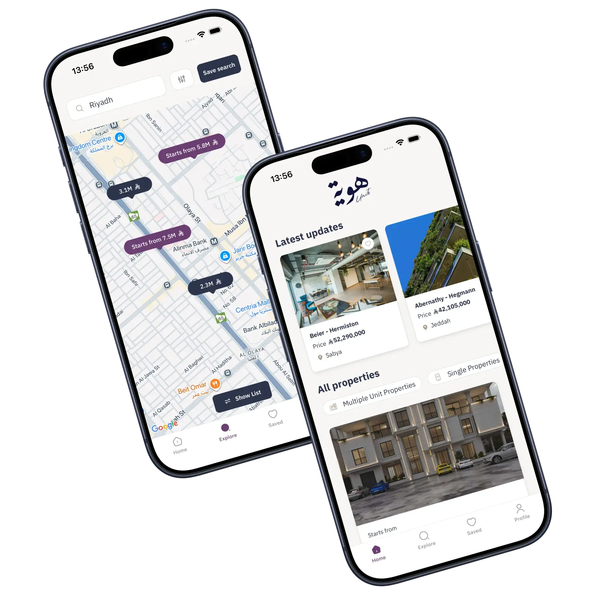 Two phones showing the Hawyia Units home screen with the latest listings and the explore map of Riyadh with price markers on it.
