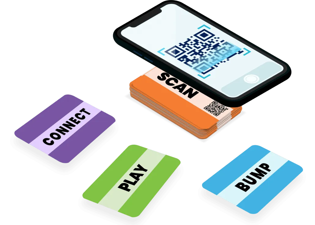 An isometric illustration of a phone scanning the QR code on a stack of orange Scan cards, beside purple, green and blue cards from the deck