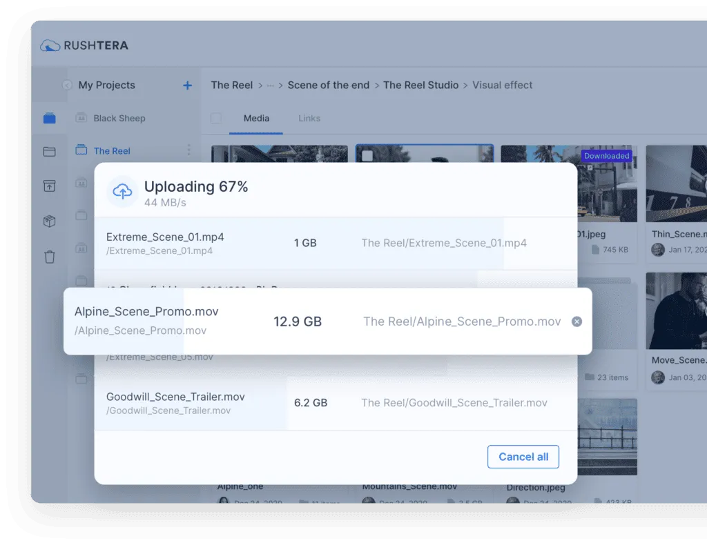 Rushtera transfer manager showing three large video files uploading at 67 percent, with a Cancel all button