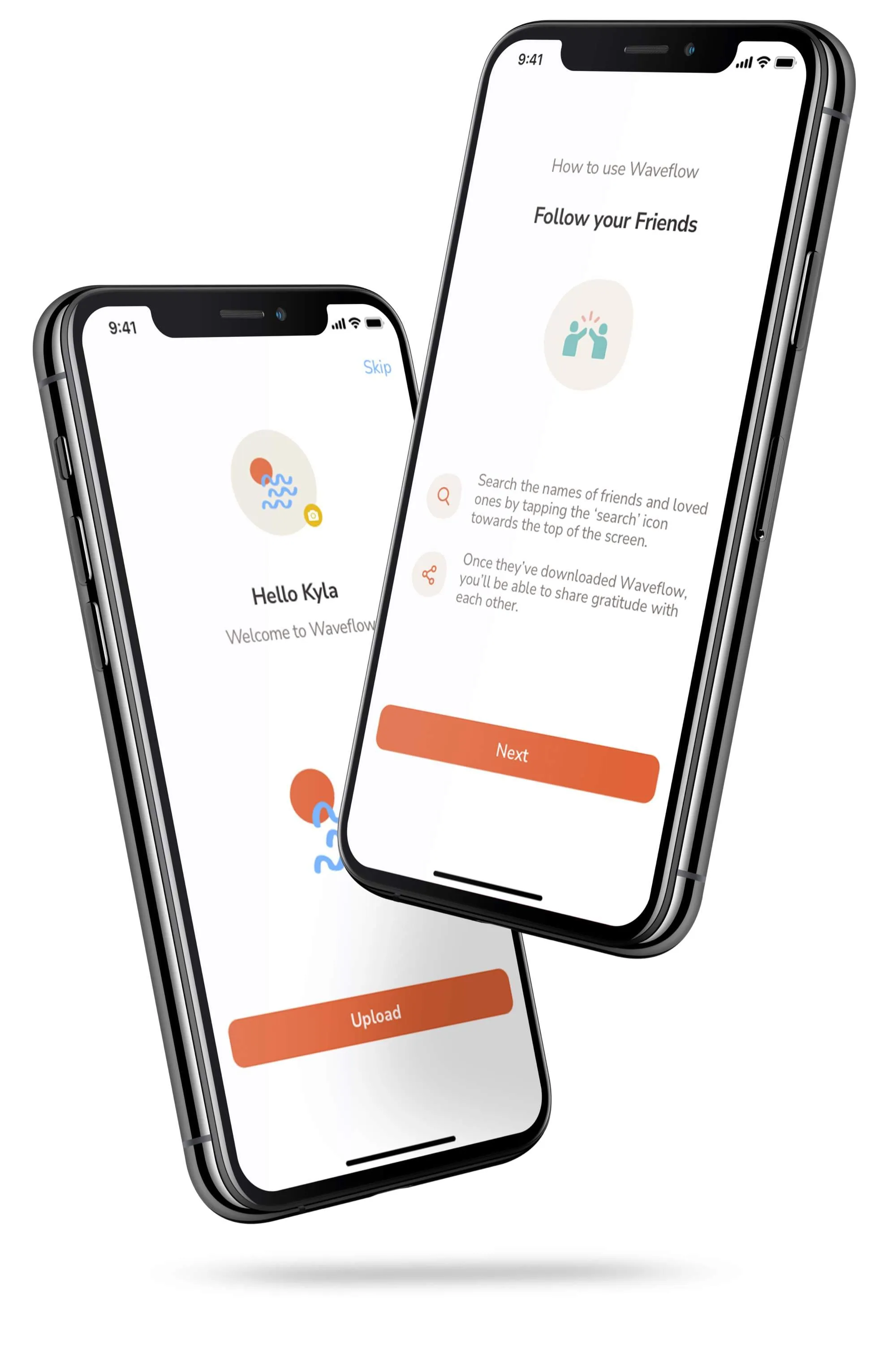Two phones showing Waveflow’s onboarding, a welcome screen with the sun-and-waves mark and an Upload button, and a “Follow your friends” tip screen with a Next button