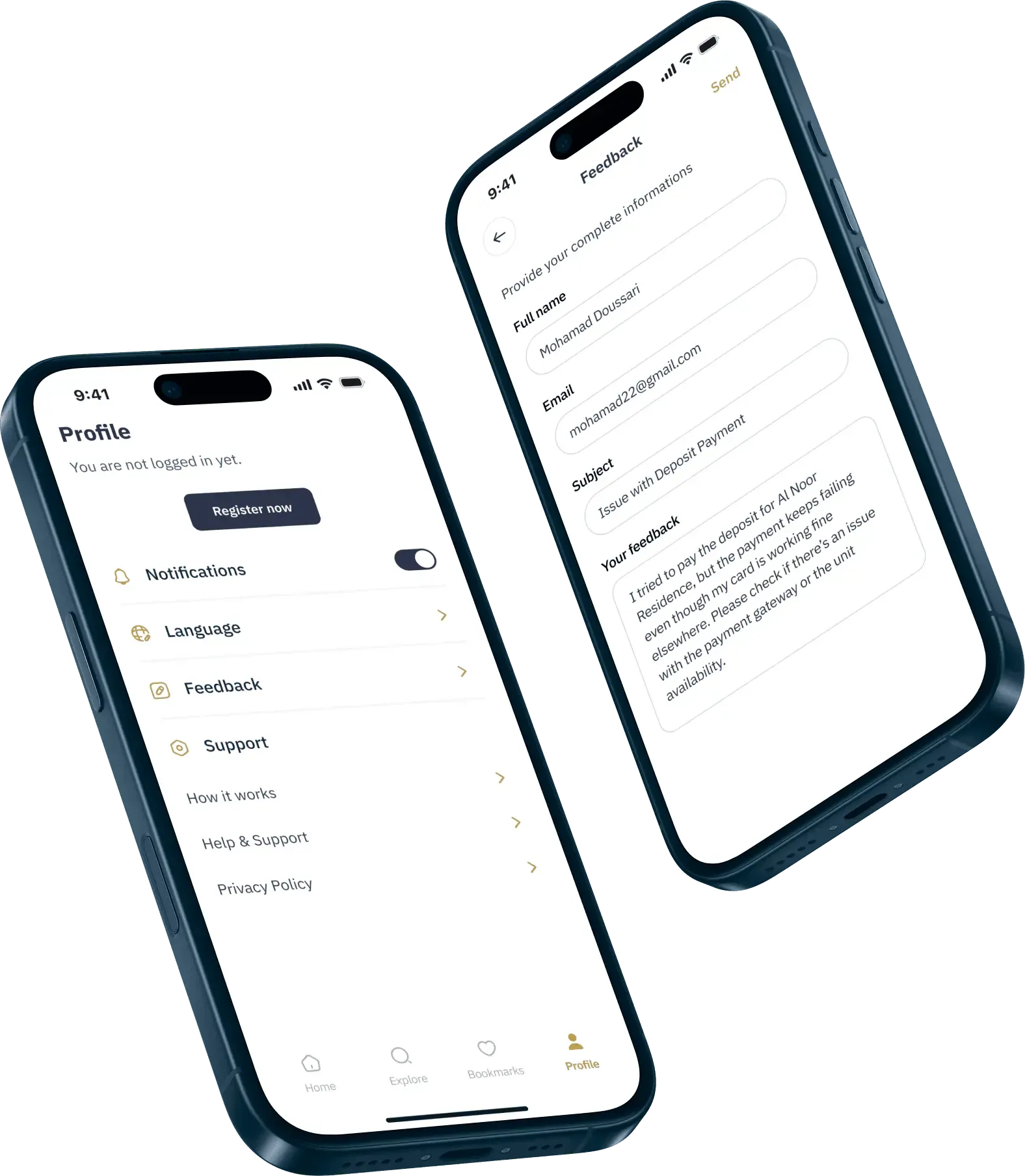 Two phones showing the profile screen with notifications, language and support links, and the feedback form with a message about a deposit.