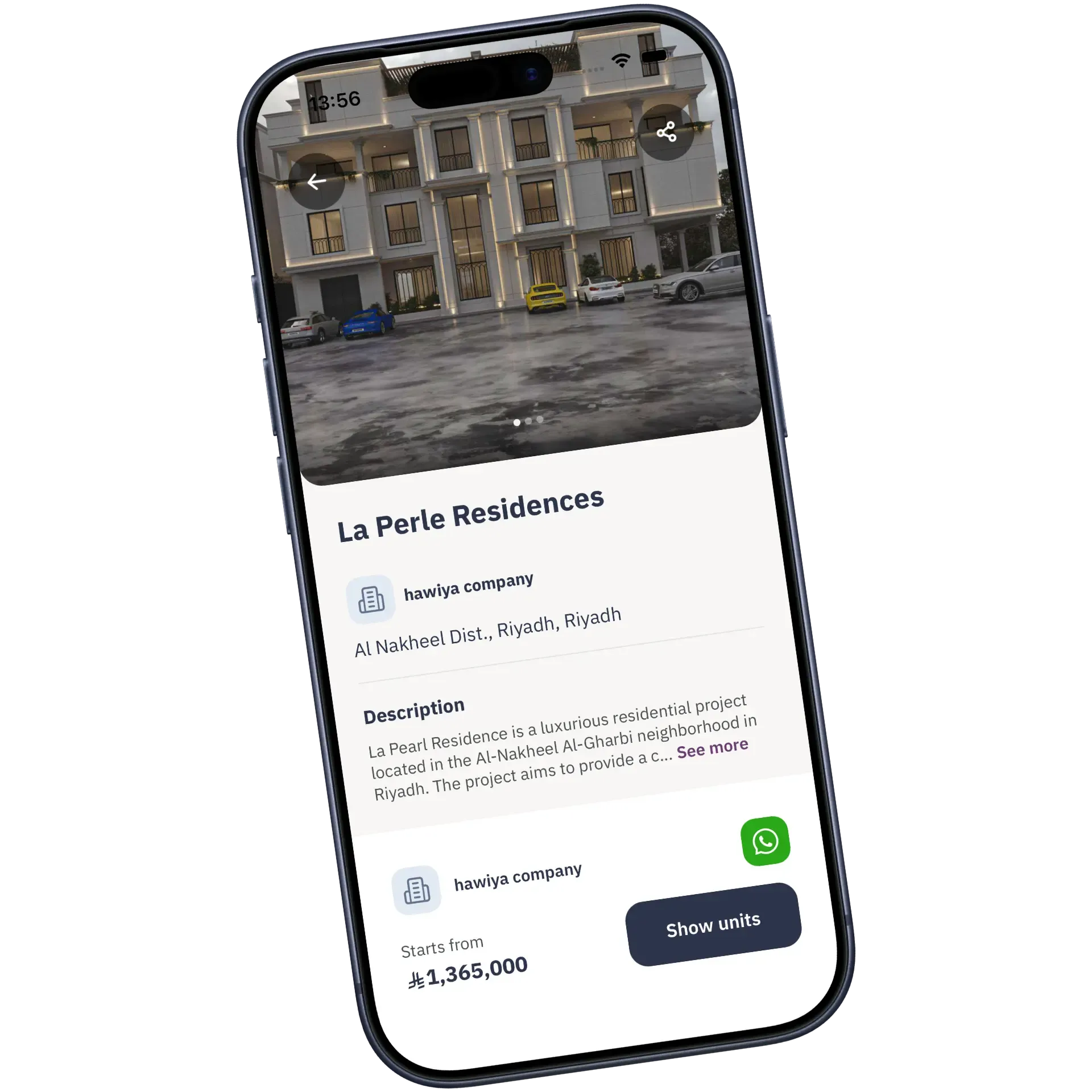 A phone showing the listing for La Perle Residences in Riyadh with its gallery, developer, description, starting price and a WhatsApp button.