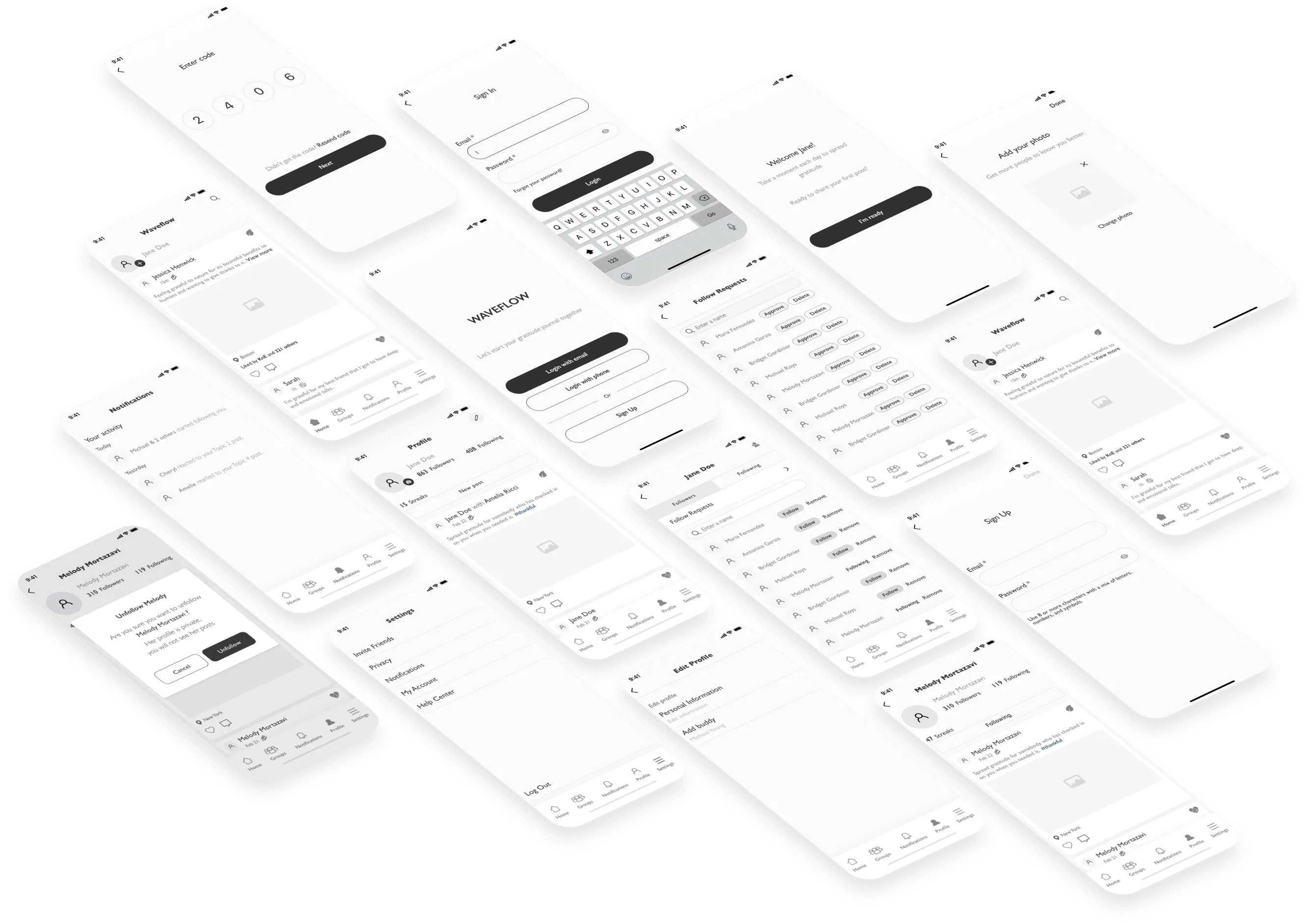 A grid of about twenty low-fidelity phone wireframes for Waveflow, covering sign-in and sign-up, onboarding, the gratitude feed, profiles, follow requests, notifications and settings