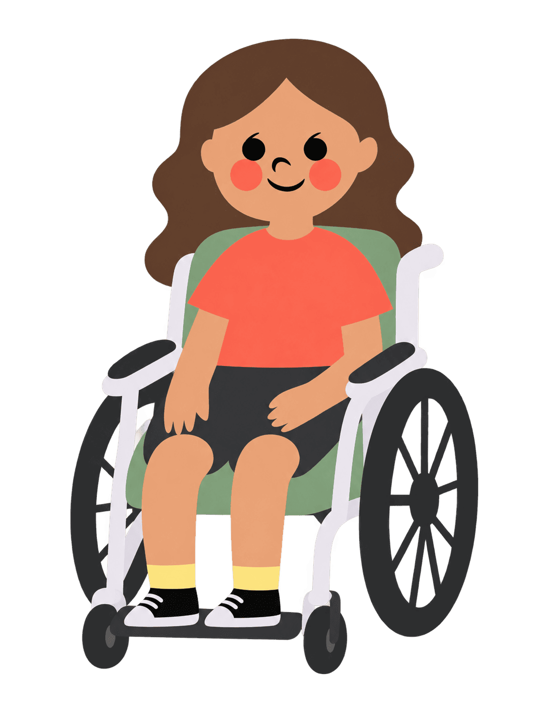 An avatar with long wavy brown hair and a coral tee, seated in a wheelchair