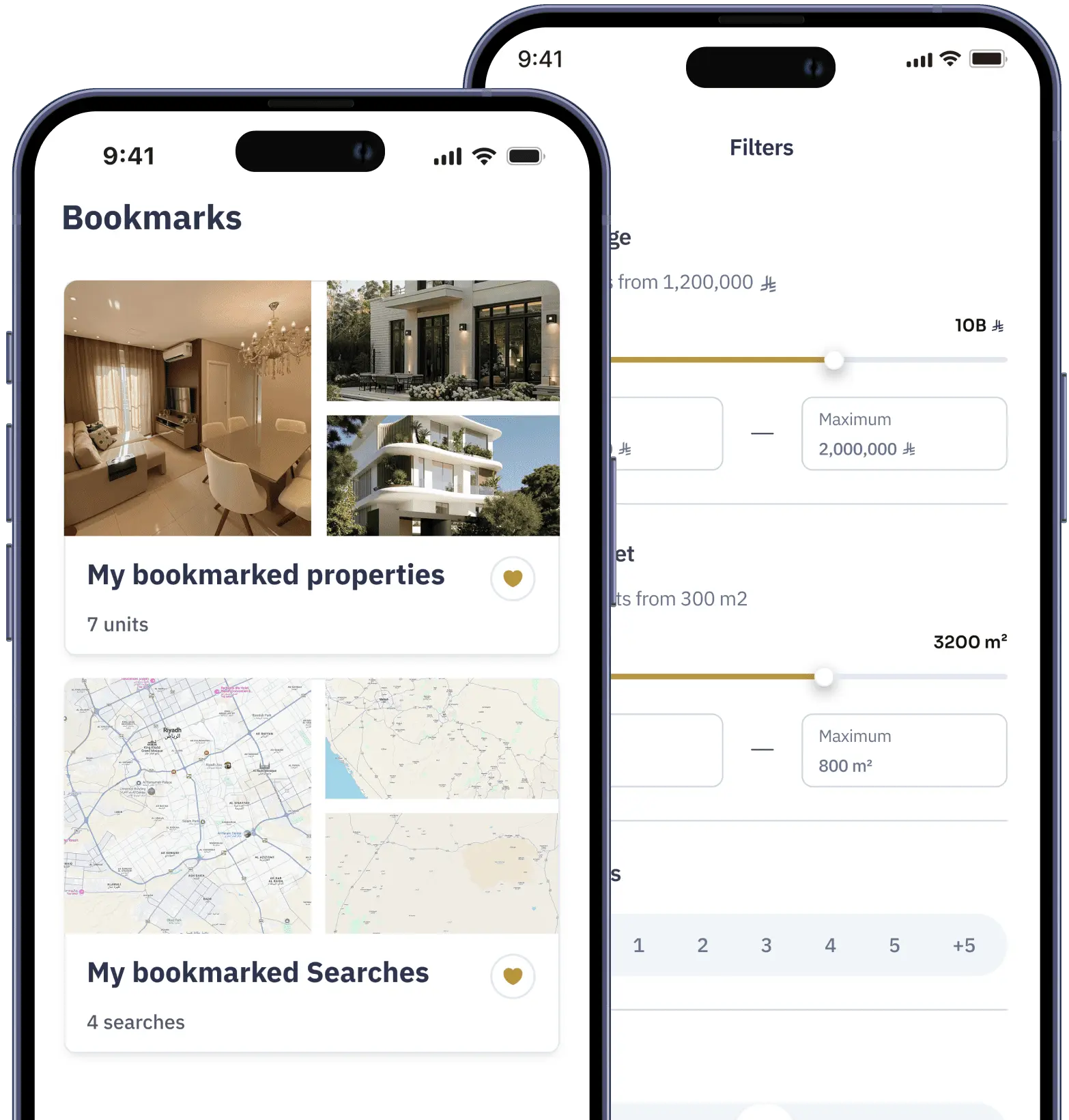 Two phones showing the bookmarks screen with saved properties and saved searches, and the filters screen with price and area ranges.