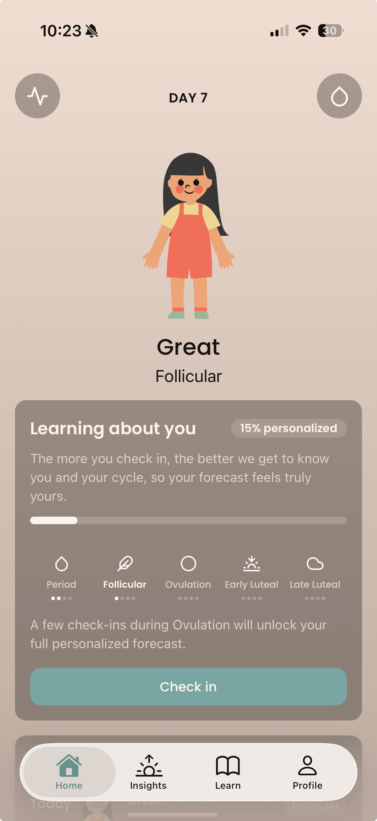 The Moon Quest home screen on day seven, showing the avatar above the word Great and the follicular phase, with a Learning about you card reading fifteen percent personalized