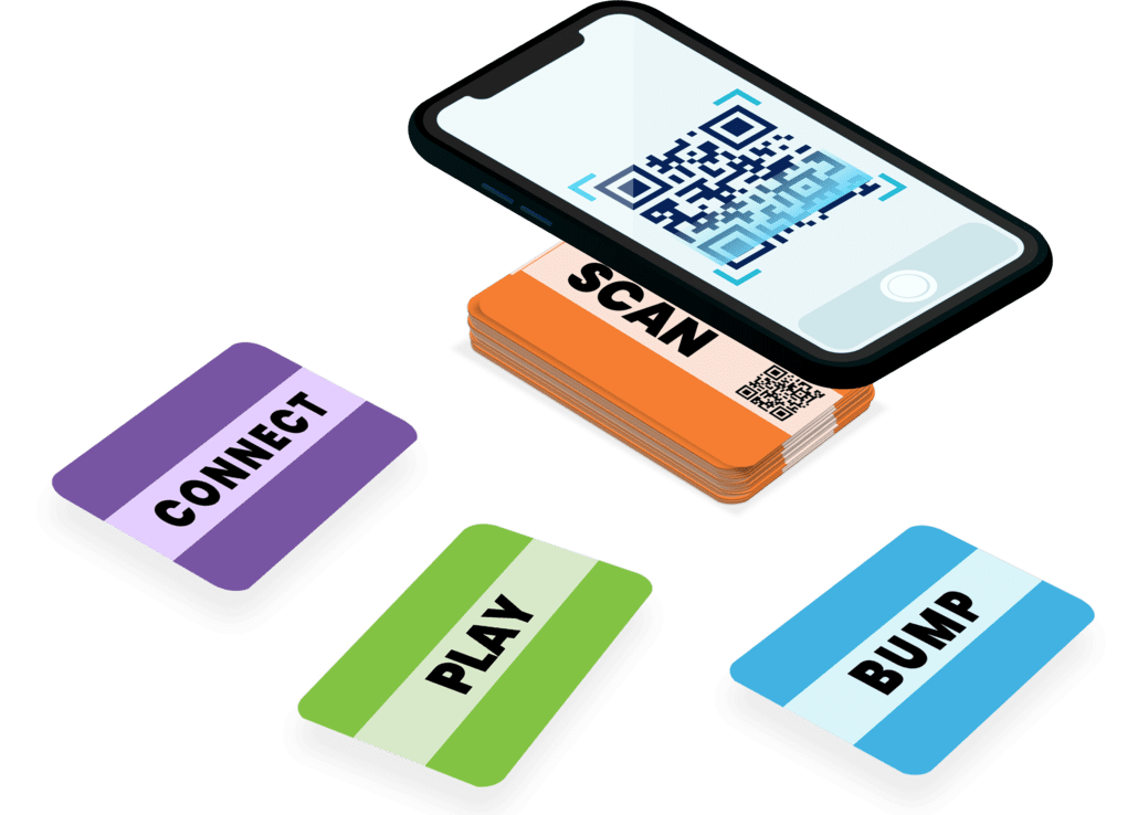 An isometric illustration of a phone scanning the QR code on a stack of orange Scan cards, beside purple, green and blue cards from the deck