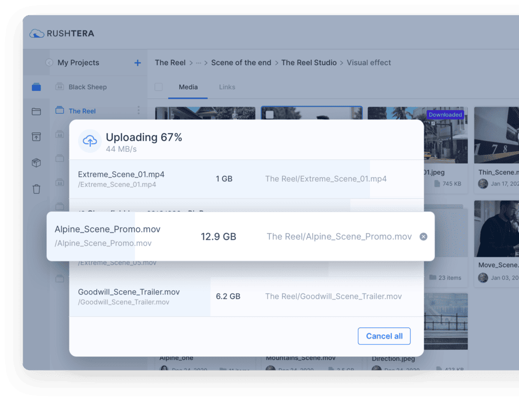 Rushtera transfer manager showing three large video files uploading at 67 percent, with a Cancel all button