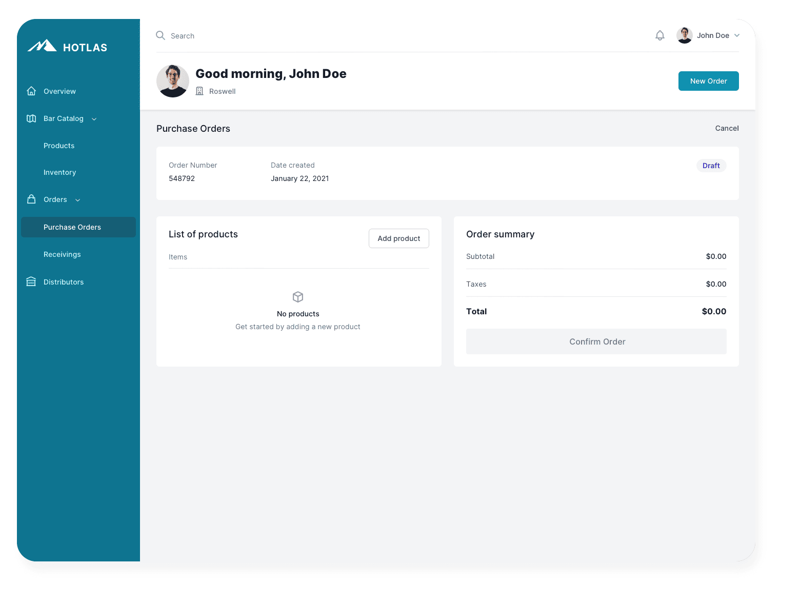 Hotlas purchase order in draft state, with an empty product list and an order summary