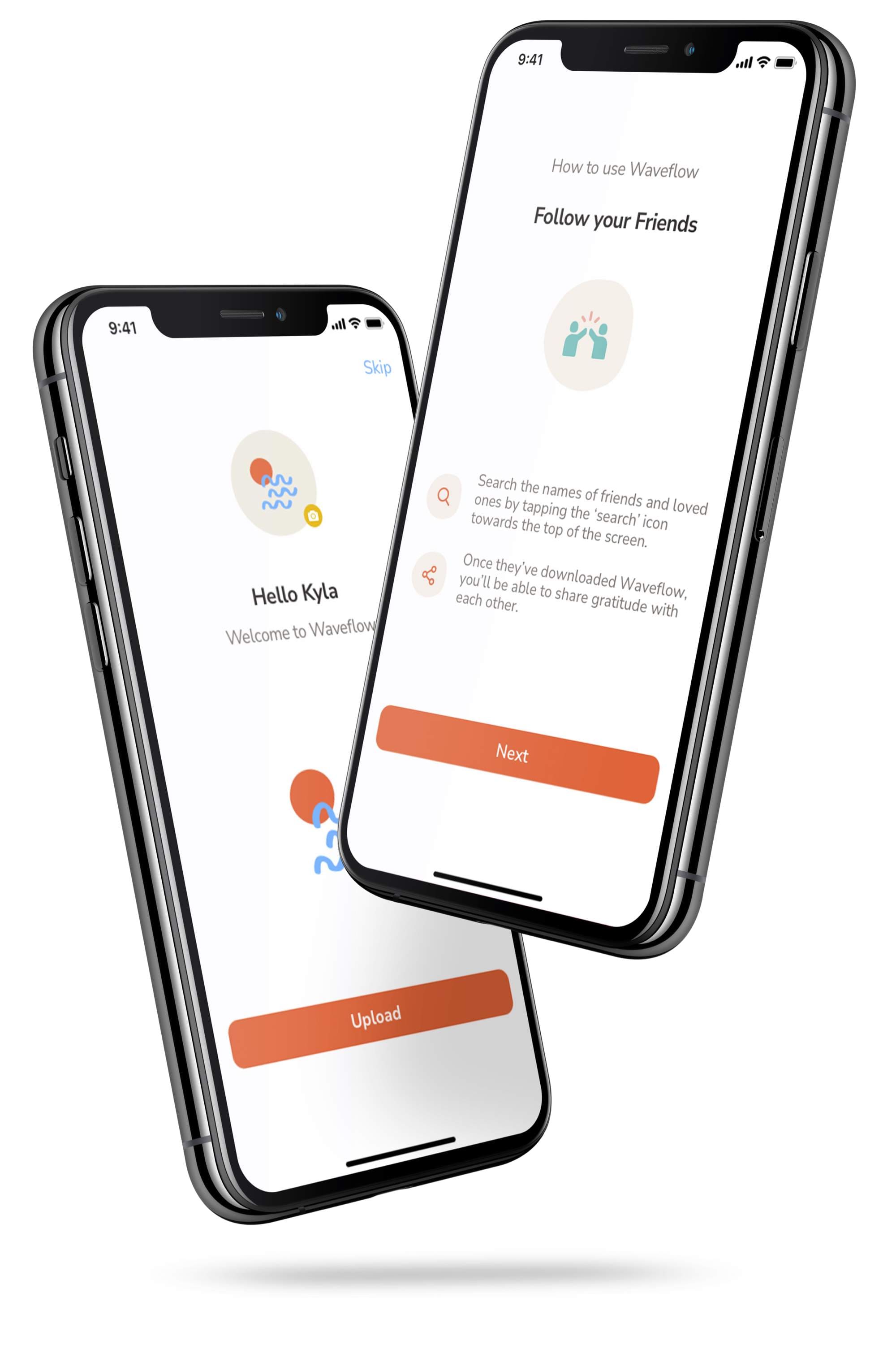 Two phones showing Waveflow’s onboarding: a welcome screen with the sun-and-waves mark and an Upload button, and a “Follow your friends” tip screen with a Next button