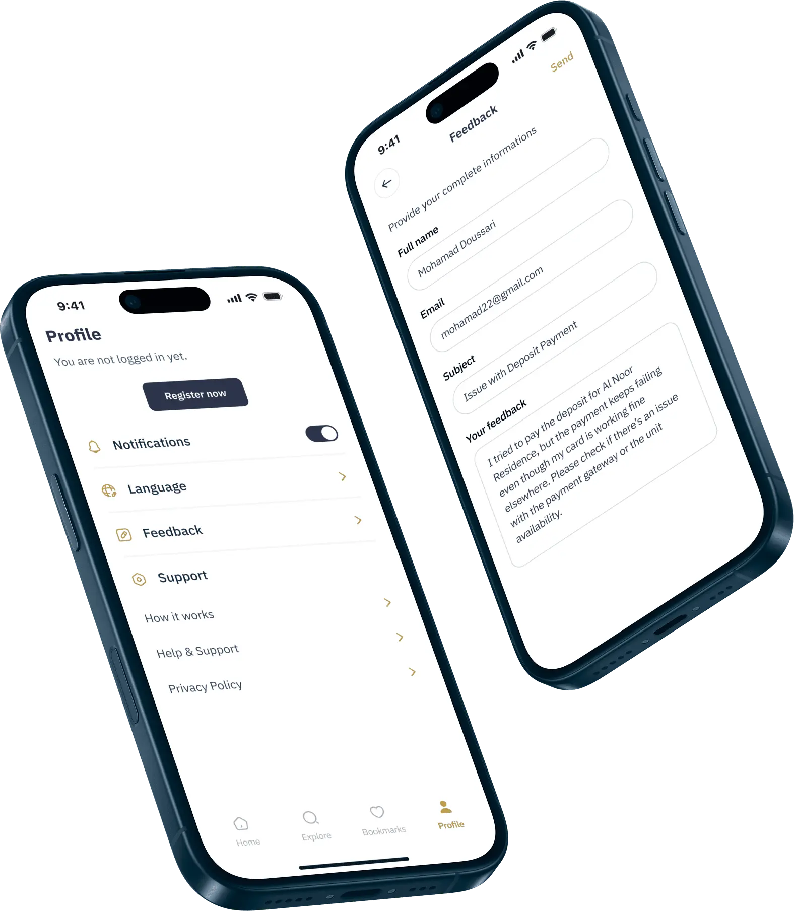 Two phones showing the profile screen with notifications, language and support links, and the feedback form with a message about a deposit.