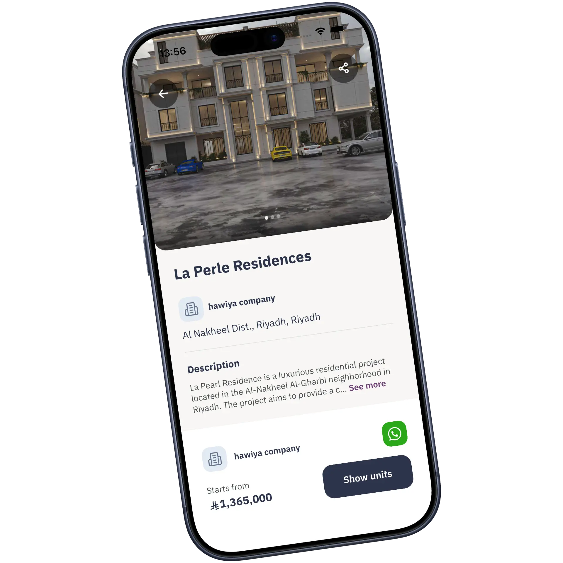 A phone showing the listing for La Perle Residences in Riyadh with its gallery, developer, description, starting price and a WhatsApp button.