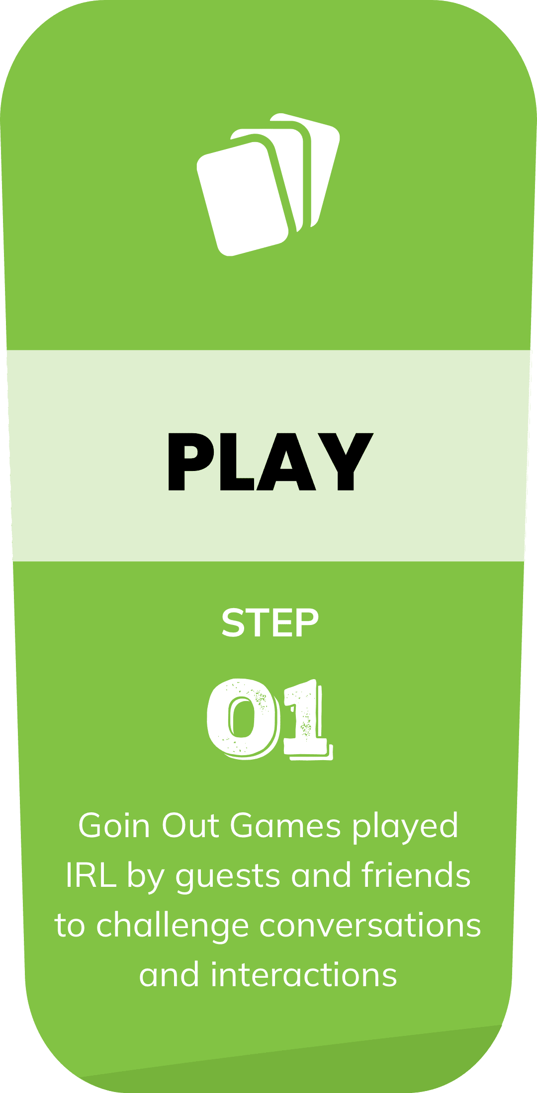 Step one, a green card reading Play. Goin Out Games played IRL by guests and friends to challenge conversations and interactions