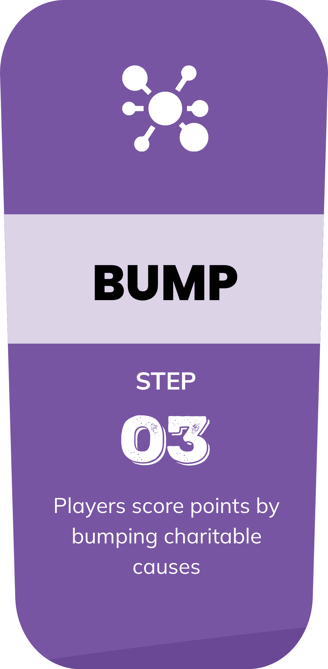 Step three, a purple card reading Bump. Players score points by bumping charitable causes